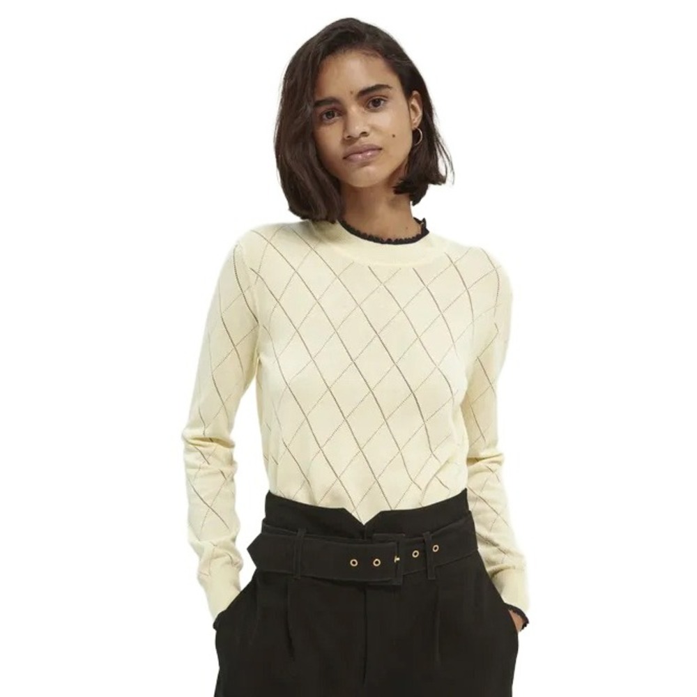Scotch & Soda Women's Pointelle Diamond Stitch Sweater Pale Yellow Black Trim S